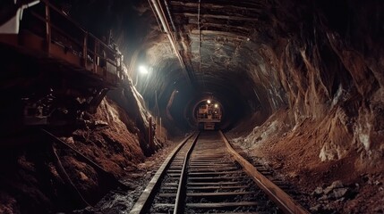 Naklejka premium Inside a mine tunnel with visible extraction points and heavy machinery, no people.