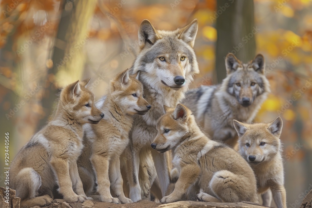 Poster a group of wolves perched on top of a log, a unique and natural scene