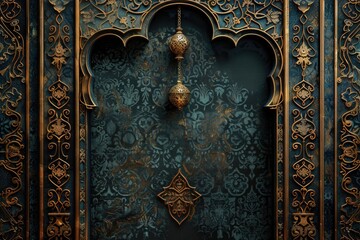 A decorative wall featuring a clock and blue and gold colors