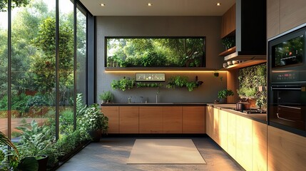 luxurious openconcept kitchen with smart appliances holographic recipe display and selftending indoor herb garden