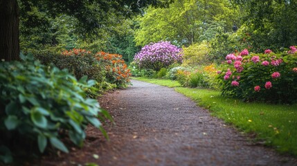 Lonely path through a scenic park with seasonal flowers, devoid of people