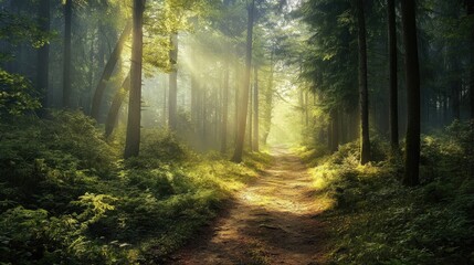 Obraz premium Long, empty trail in a dense forest, with sunlight filtering through the canopy.