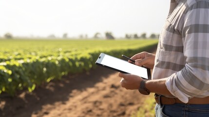 A person using a tablet in a field, likely for agricultural monitoring or data collection.