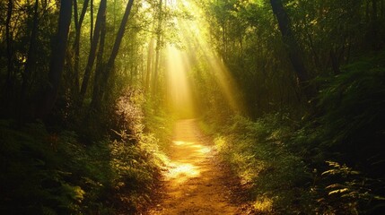 Long, empty trail in a dense forest, with sunlight filtering through the canopy.