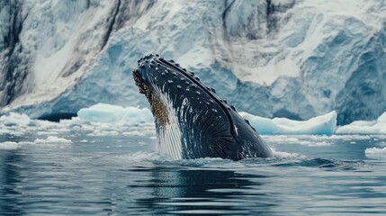 Fototapeta premium Majestic humpback whale surfacing near an iceberg, showcasing the grandeur of arctic marine life.