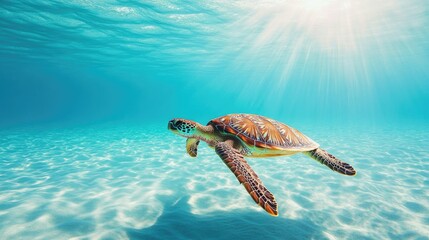 Obraz premium Majestic sea turtle gliding gracefully through clear blue ocean waters, symbolizing marine conservation.