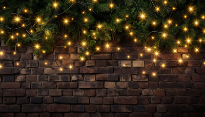 christmas lights in a garland on a brick wall