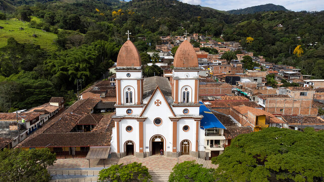 Tarso, Antioquia - Colombia - July 21, 2024. San Pablo de Tarso Catholic cult church, located in the main park