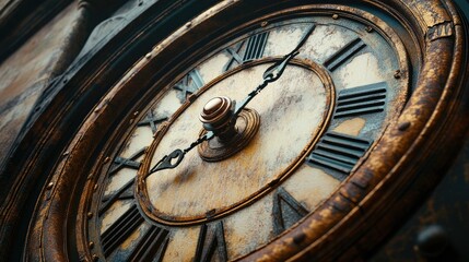 Fototapeta premium Old-fashioned clock face with tarnished metal and Roman numerals, evoking a sense of time and history.