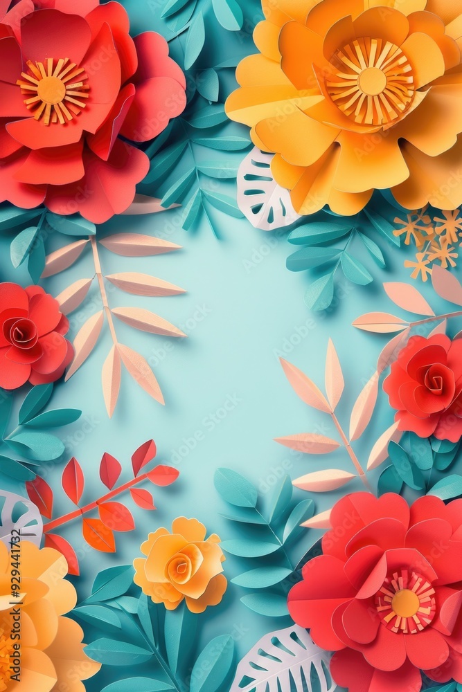 Poster colorful paper flowers arranged in a circular shape on a blue background, perfect for decorative or 