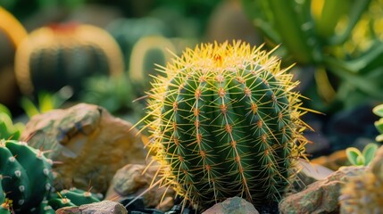 Close-up of a barrel cactus with sharp yellow spines in a desert garden.
