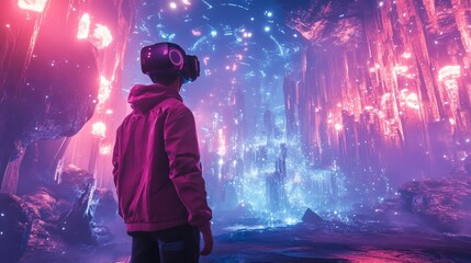 A person wearing a VR headset explores a vibrant, glowing cave filled with colorful lights.