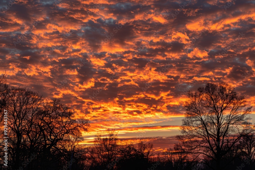 Poster A serene sunset scene featuring clouds and trees in the foreground, perfect for use in travel or nature-themed projects