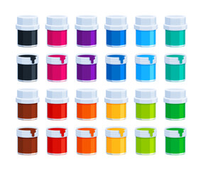 Set of colorful closed and open paint bottles. Flat vector illustration isolated on white background. Tempera, gouache, acrylic, and watercolor painting concepts. Perfect for educational art projects