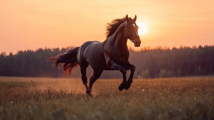 Black Horse Galloping in the Golden Hour