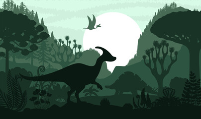 Prehistoric dinosaurs silhouette in Jurassic forest or jungle park, vector background. Cartoon dinosaurs and prehistoric dino lizards silhouettes in green forest with pterodactyl and parasaurolophus © Vector Tradition