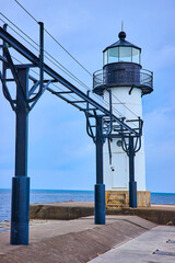 White Lighthouse on North Pier Extending into Lake Michigan at Eye Level