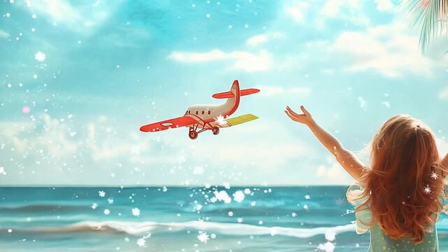 A little girl plays with a toy plane while on a sunny beach with palm trees and ocean waves in the background. Concept of carefree childhood