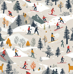 pattern with illustrations of skiers and snowboarders on a background and mountain landscape . The illustration a cartoon style with characters depicted in winter activities