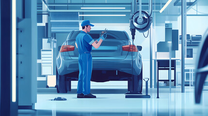 A mechanic in a modern auto repair shop working on a car, surrounded by professional tools and equipment, emphasizing automotive maintenance