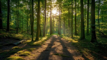 Obraz premium Sunbeams in a Forest Path