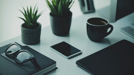 Minimalist office desk with sleek tech gadgets and a cup of coffee