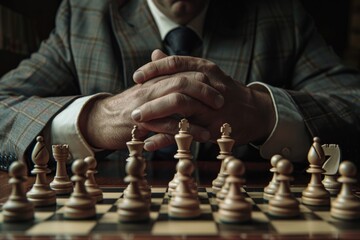 A businessman in a suit plays chess, focused on the game