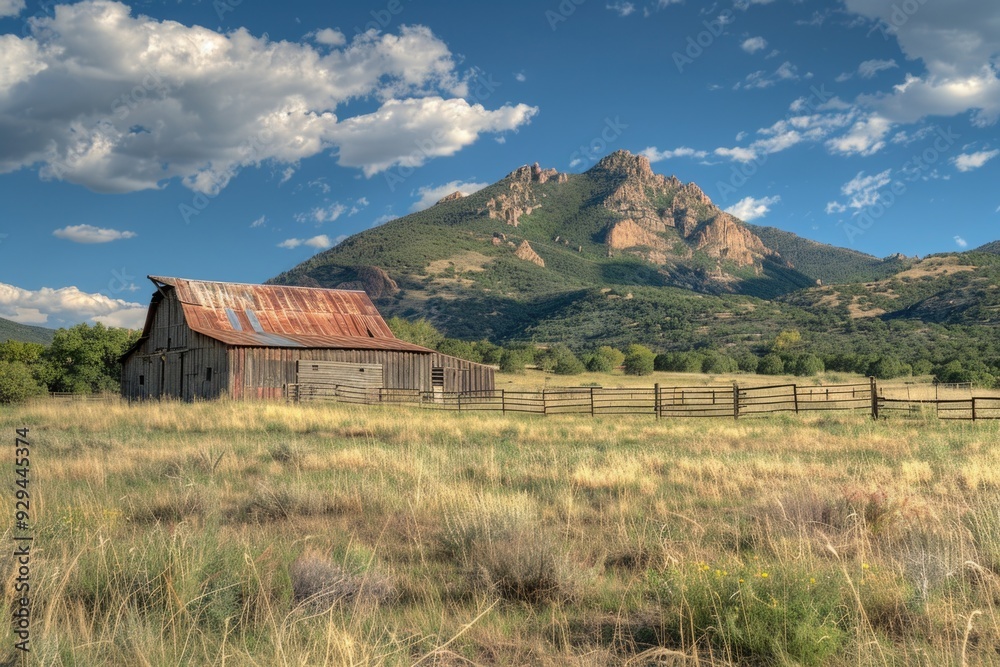 Aufkleber a rustic barn in a green field with a mountain range in the distance