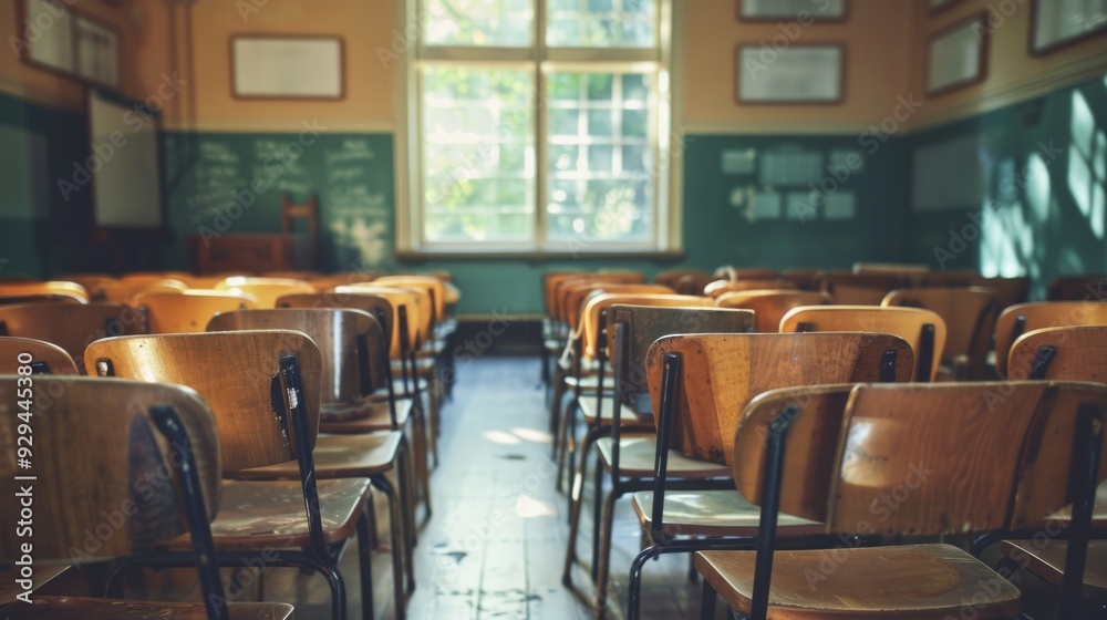 Poster rows of wooden chairs in a traditional classroom setting with a window providing natural light