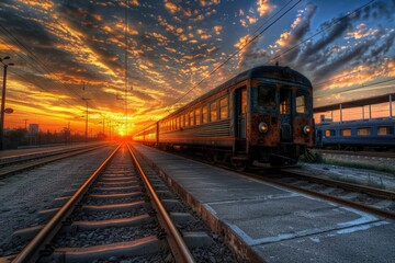 Fototapeta premium Train travels along tracks at sunset with a warm glow