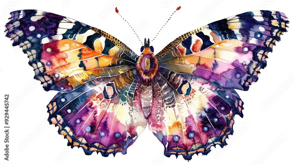 Wall mural A vibrant butterfly perched on a clean white surface, showcasing its bright colors and delicate features