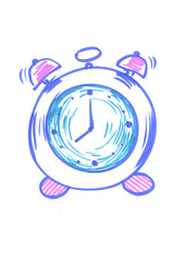 An alarm clock hand-drawn with a felt-tip pen on a white background. The illustration with a marker is an alarm clock, an isolated element. Doodle-style school supplies, graphic creative drawing