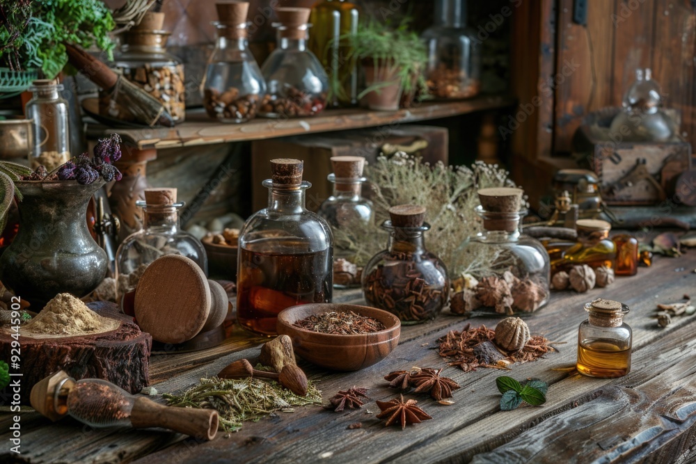 Poster a wooden table filled with various bottles and spices, great for use in still life photography or as