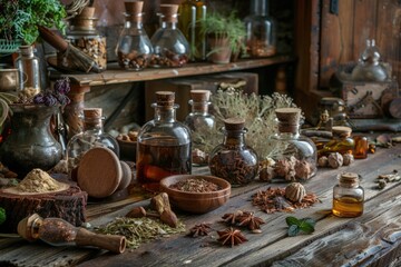 A wooden table filled with various bottles and spices, great for use in still life photography or as a prop in food-related scenes