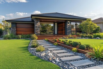 Fototapeta premium modern landscape design sleek artificial turf bordered by contemporary wooden edging creating a lowmaintenance yet stylish front yard for an australian home