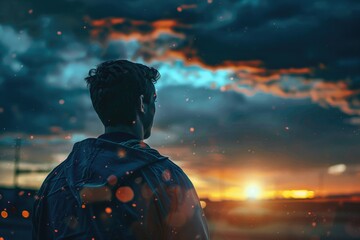 Fototapeta premium A person standing in front of a beautiful sunset with orange and pink hues