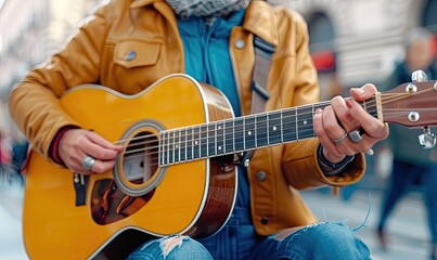 Obraz premium Female Street Musician Playing Guitar in Urban Setting