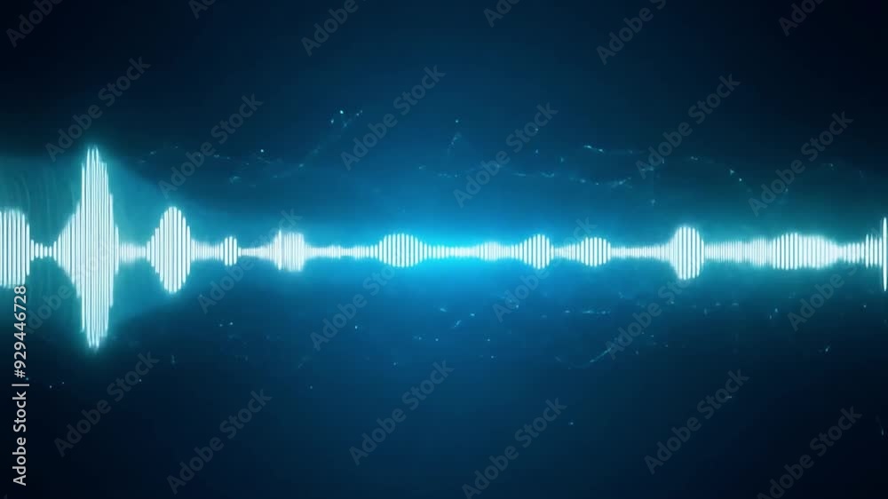 Poster A dynamic sound wave pattern displays varying amplitudes and frequencies against a dark background, highlighting audio characteristics.