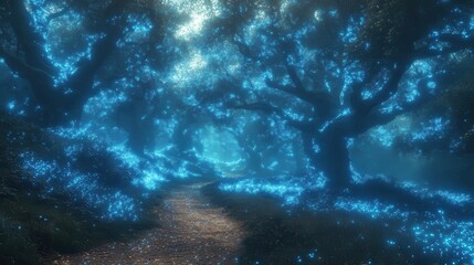 Obraz premium mystical bioluminescent forest at twilight ethereal glowing flora misty atmosphere and otherworldly creatures hidden among twisted trees