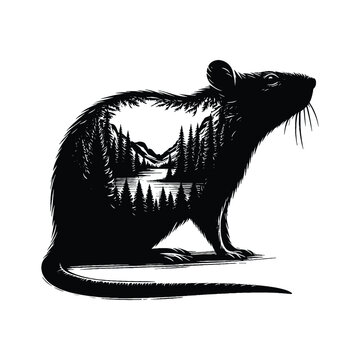 recommend clip art: silhouette of rat filled with nature view in rough drawing,