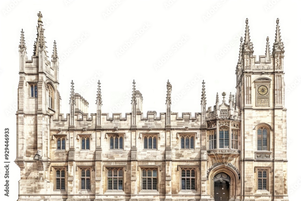 Poster a city hall building with a prominent clock tower, suitable for use in architectural or urban planni