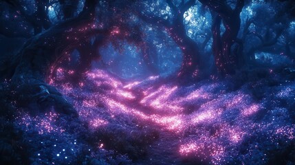 Fototapeta premium mystical bioluminescent forest at twilight ethereal glowing flora misty atmosphere and otherworldly creatures hidden among twisted trees