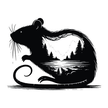 recommend clip art: silhouette of rat filled with river view in rough drawing,