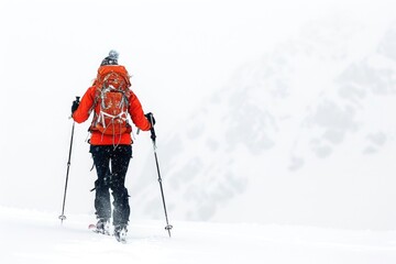 A person wearing a backpack and skis walks through a snowy area, great for winter or outdoor adventure scenes