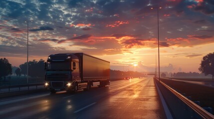 A semi truck drives along the highway during a beautiful sunset