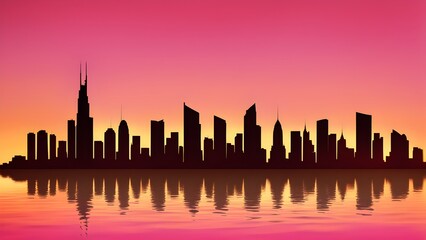 Fototapeta premium A city skyline is silhouetted against a pink and purple sky