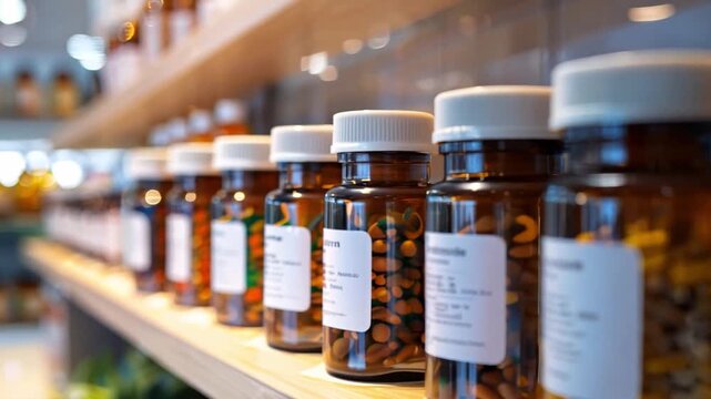 Colorful bottles filled with various vitamins and supplements are neatly arranged on a wooden shelf in a health-focused retail environment.
