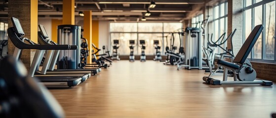 Modern Gym Interior with Treadmills and Weight Machines