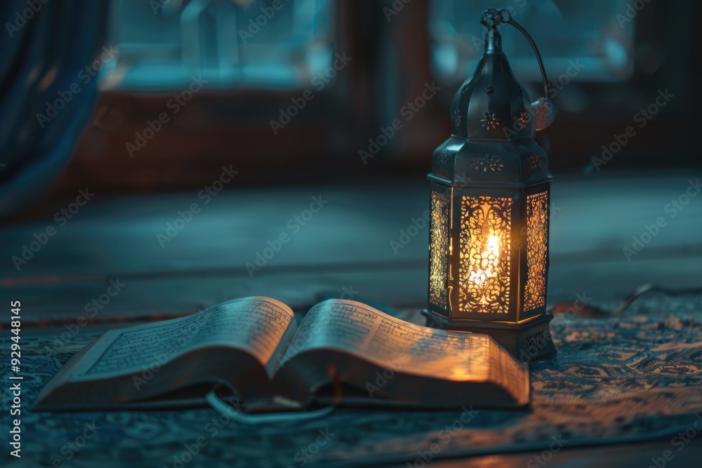 Poster an open book sits next to a lantern, perfect for reading and lighting up the space
