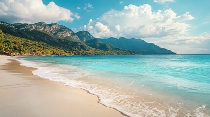 Obraz premium A beautiful beach scene with turquoise waters, mountainous backdrop, and a tranquil coastal ambiance.